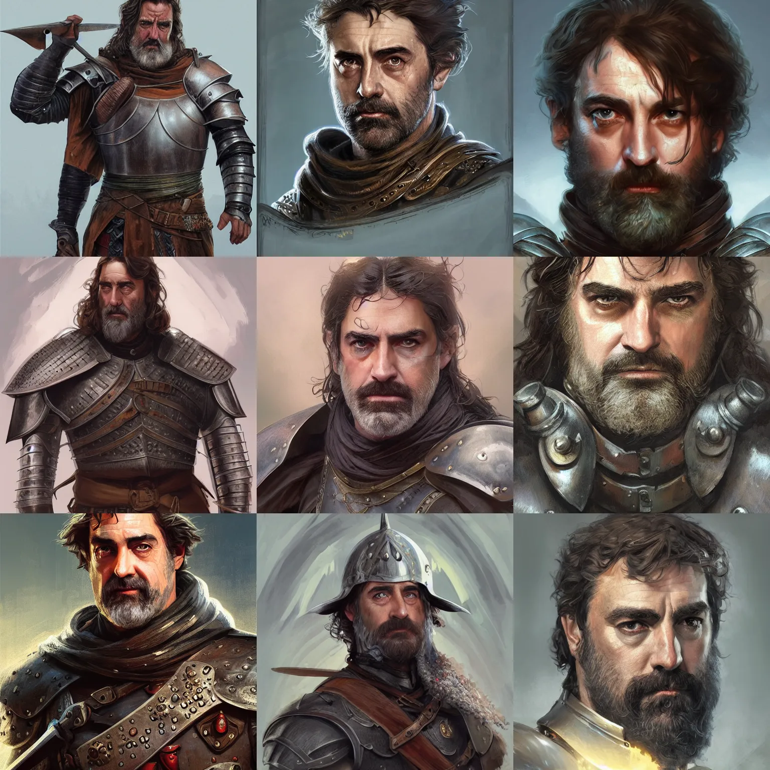 Prompt: rugged male medieval knight, angus macfadyen, headshot, D&D, painted fantasy character portrait, highly detailed, digital painting, artstation, concept art, sharp focus, illustration, art by artgerm and greg rutkowski and alphonse mucha