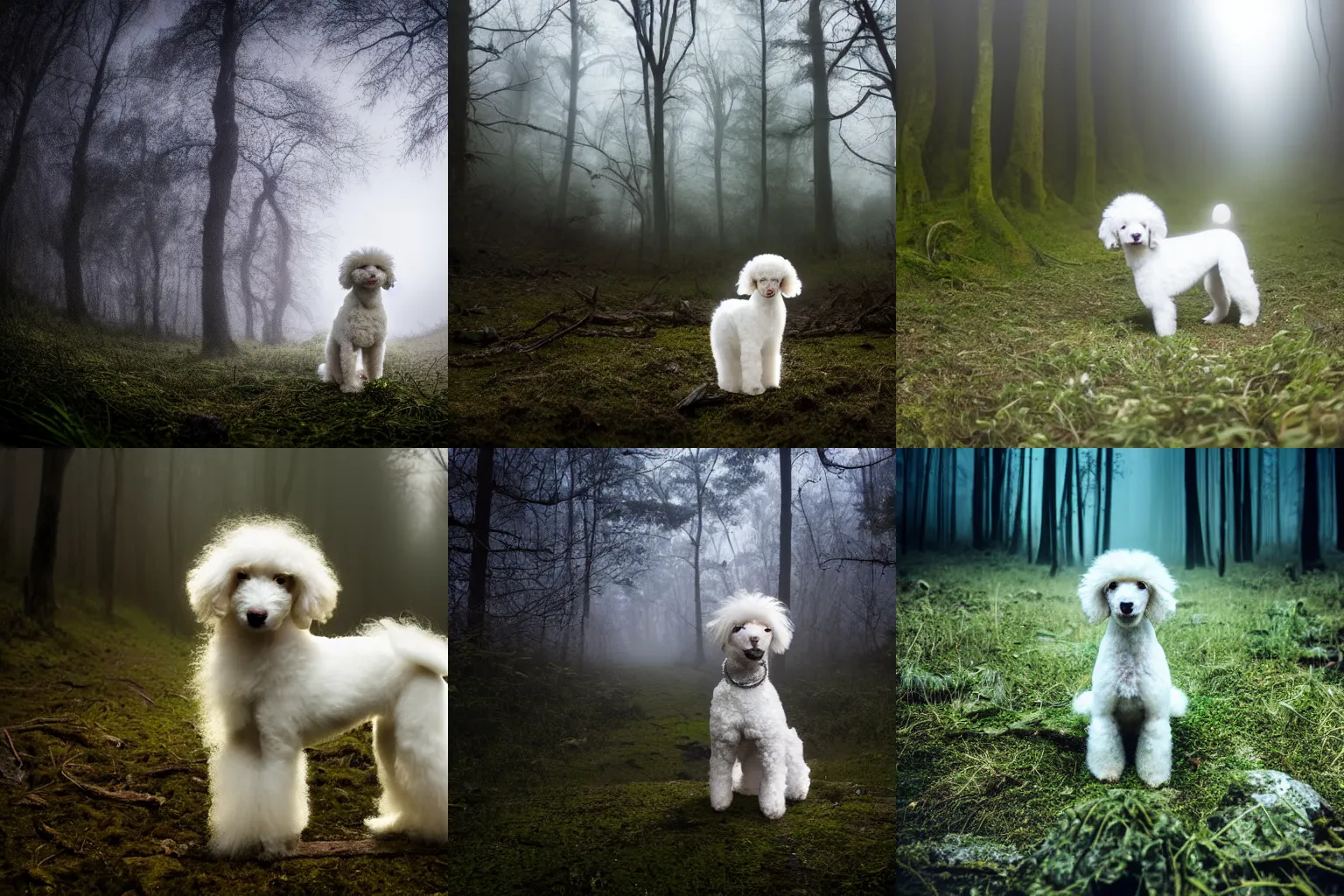 Prompt: high detail photo extreme long shot of a small abandoned white poodle sitting alone in the mossy foggy forest at night, moonlight, tilted frame, wide angle photography, desolate, atmospheric, hazy, 8k