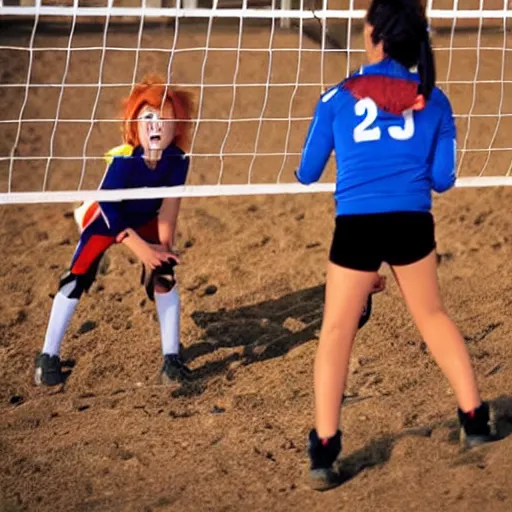 Prompt: screaming chucky doll playing volleyball and wearing tight volleyball shorts