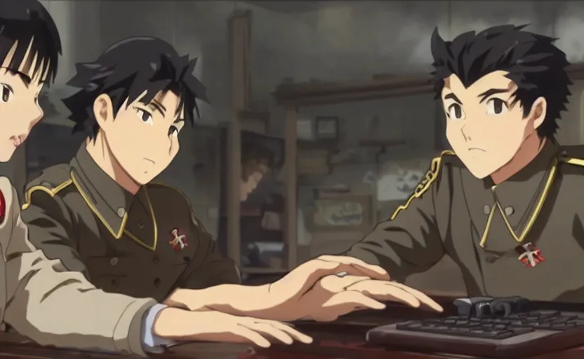 Image similar to a still shot from anime with angry realistic josef stalin trading bitcoin in front of computer, finely detailed features, closeup at the faces, perfect art, gapmoe yandere, trending on pixiv fanbox, painted by craig mullins makoto shinkai takashi takeuchi studio ghibli, akihiko yoshida,