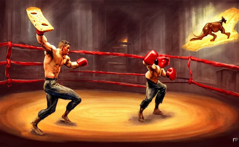 Image similar to a piece of toast boxing ; magic : the gathering fantasy concept art of a piece of toast that is a boxer, by frank frazetta and marco bucci, high resolution. boxing ring in the background, dramatic stadium lighting, fantasy coloring, intricate, digital painting, artstation, smooth, sharp focus