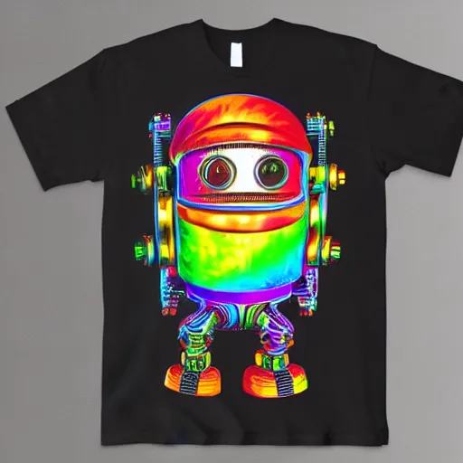 Image similar to mockup of a black tshirt with a hyperdetailed portrait of a happy steampunk robot on lsd, 8 k, symetrical, flourescent colors, happy trippy mood, multicolored,