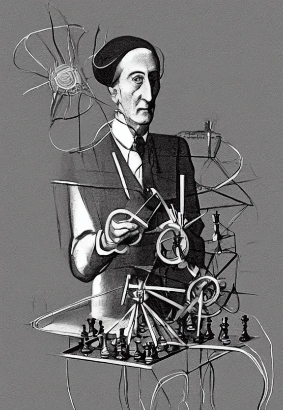 Image similar to a concept drawing of marcel duchamp holding up a chess - piece wire - machine, a surrealist painting by marcel duchamp, complex artificial - intelligence machinery, minimal sketch flow - chart, academic art, 1 9 2 0 s