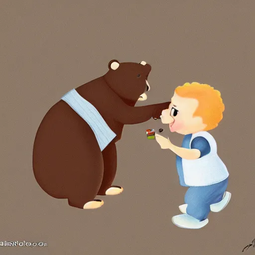 Prompt: a real bear playing with a doll's toy.. cartoon. digital art. high quality. high fidelity. cute.