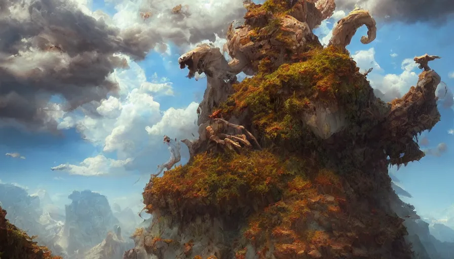 Image similar to excellent painted deamon in a surreal landscape in another dimension with fluffy clouds, painted by Hans Fredrik Gude, Greg Rutkowksi, Craig Mullins and Artgerm, concept art 2022, 4k, ultra realistic highly detailed oil painting