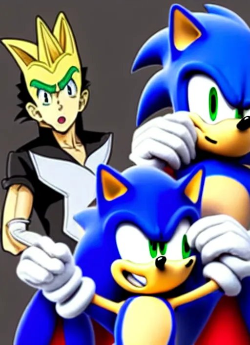 Image similar to sonic the hedgehog and jotaro kujo from jojo's bizarre adventure hanging out