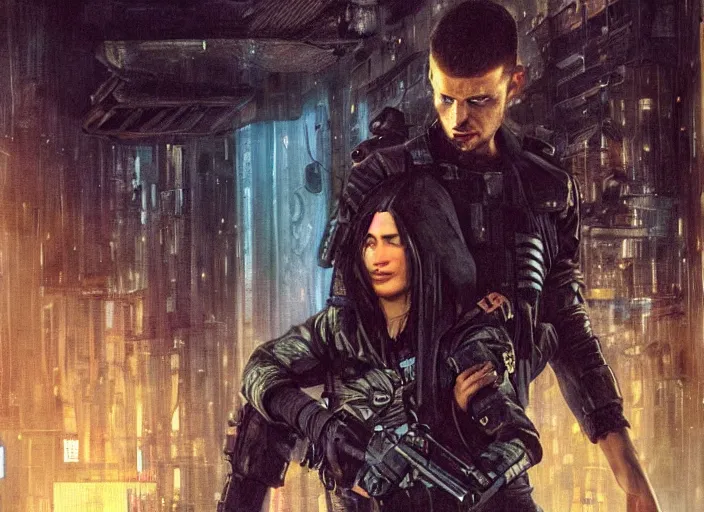 Image similar to Maria evades sgt Nash. Cyberpunk hacker wearing stealth suit hiding from police patrol (blade runner 2049, cyberpunk 2077). beautiful face. Dark industrial plant. Orientalist portrait by john william waterhouse and James Gurney and Theodore Ralli and Nasreddine Dinet, oil on canvas. Cinematic, hyper realism, realistic proportions, dramatic lighting, high detail 4k