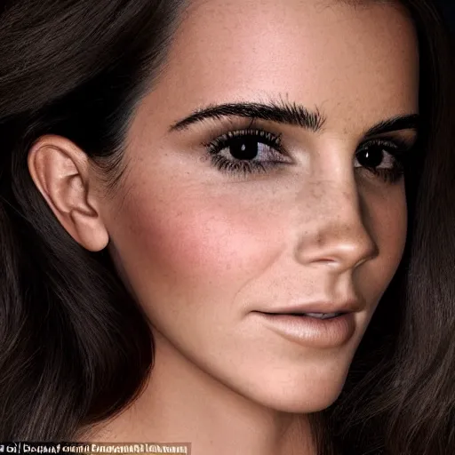 Image similar to a woman who is a genetic combination of kim kardashian and emma watson face and upper - body focus