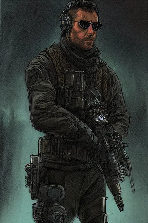 Image similar to hector. blackops spy in near future tactical gear, stealth suit, and cyberpunk headset. Blade Runner 2049. concept art by James Gurney and Mœbius.