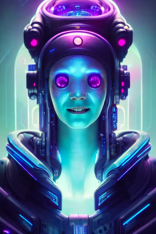 Image similar to portrait of a cute smiling bioluminescent creature, cyberpunk, dark retrowave, highly detailed, asymmetrical artwork, cinematic, hyperrealism, art stanley lau and artgerm and magali villeneuve and alphonse mucha, artstation, octane render, unreal engine, 8 k, aperture f 1. 2