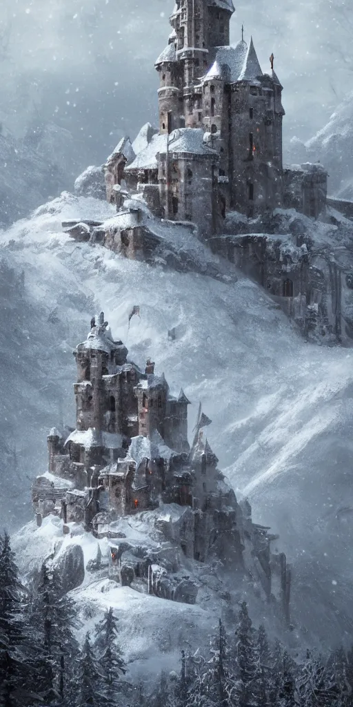 Image similar to a abandoned castle on the top of a snowy mountain, greg rutkowski, 8 k, shallow depth of field, intricate detail, concept art,