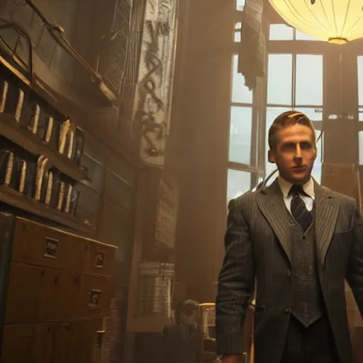 Image similar to a highly detailed cinematic photo from a live - action bioshock movie. andrew ryan, portrayed by ryan gosling, is shown standing in a 1 9 3 0's office with a large desk in front of a floor - to - ceiling window looking out onto the underwater city of rapture shining in the distance, several fish are shown outside of the window