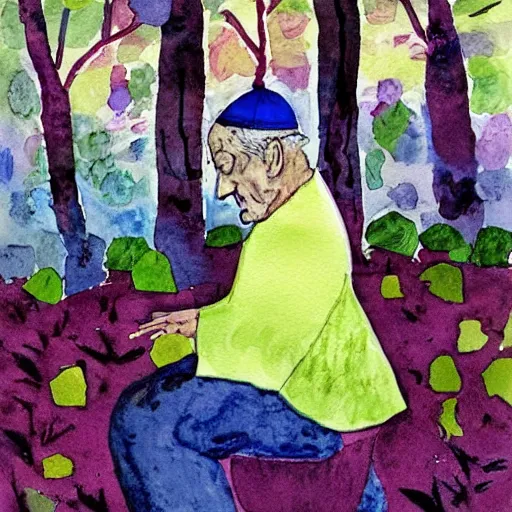 Image similar to watercolor and collage by eric carle, of the pope squatting on a toilet in the forest, peaceful mood