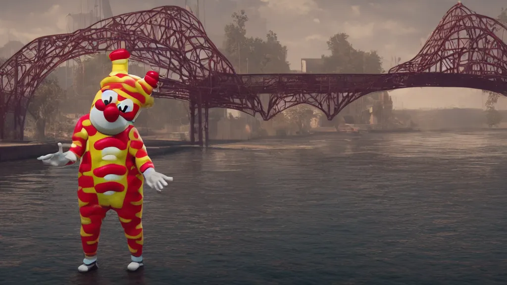 Prompt: A sad clown in a hot dog costume next to a bridge, rich colors, hyperrealistic, Cryengine 8k UHD