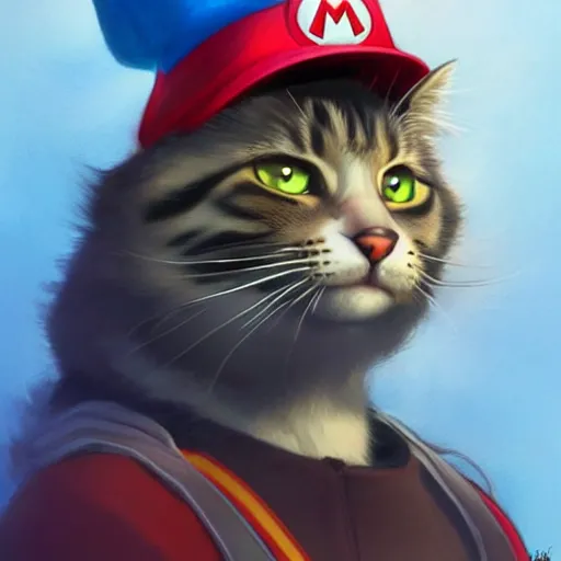Image similar to Front Portrait of a Cat wearing a Super Mario hat, kawaii aesthetic, nintendo, highly detailed, digital painting, artstation, concept art, smooth, sharp focus, illustration, art by artgerm and greg rutkowski and alphonse mucha