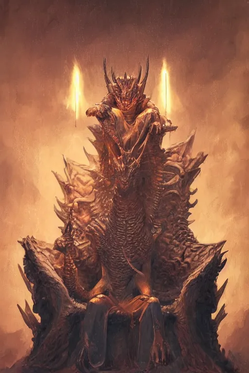 Image similar to a humanoid dragon king sits on a throne by greg rutkowski, magic realism, hyper realistic, 2 0 0 mm lens, candlelight