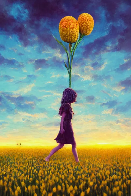 Image similar to giant corn flower head, girl walking in a flower field, surreal photography, sunrise, dramatic light, impressionist painting, colorful clouds, digital painting, artstation, simon stalenhag