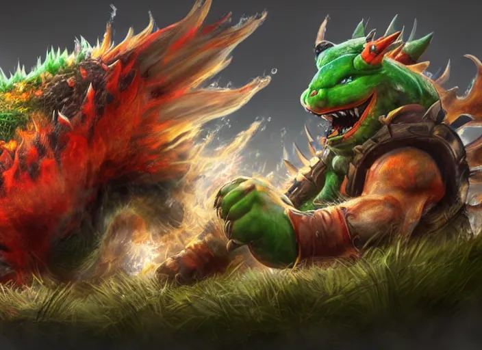 Image similar to detailed concept art of a huge giant bowser by cheng yi and luolin, artstation, artstationhd, detailed scales, spiky and red hair tuft green scales. bowser, bowser nintendo, koopa, ~ bowser # bowser ( ( mario ) ) bcy. net, realistic. reptile cheng yi, fire breathing. bowser