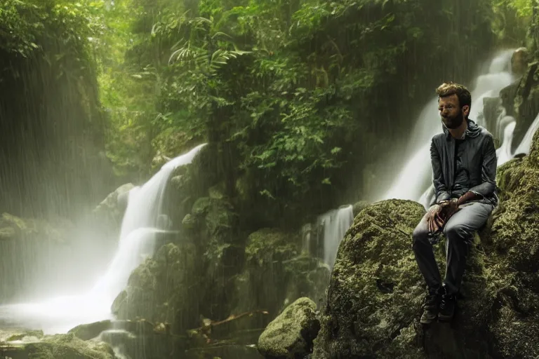 Image similar to movie closeup young man with a grey beard in a cyberpunk suit sitting on a futuristic chair at the edge of a jungle waterfall 8 5 mm by emmanuel lubezki