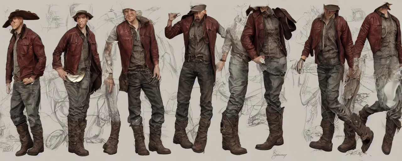 Image similar to character design, reference sheet, gaunt, 40's adventurer, unshaven, optimistic, stained dirty clothing, straw hat, riding boots, red t-shirt, dusty rown bomber leather jacket, concept art, photorealistic, hyperdetailed, 3d rendering! , art by Leyendecker! and constable,