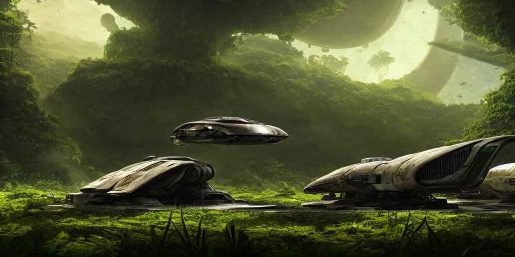 Image similar to a huge futuristic rusty abandoned old alien spaceship, next to it a smaller exploration vehicle on a landing pad, surrounded by a lush alien jungle, in the foreground two explorers are arguing, clear skies, volumetric light, hyperdetailed, artstation, cgsociety, 8k