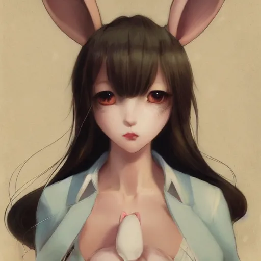Image similar to kawaii rabbit bunny animal character girl, head shot, lee jin - eun by nicola samuri, m. w. kaluta, peter mohrbacher, rule of thirds, seductive look, beautiful