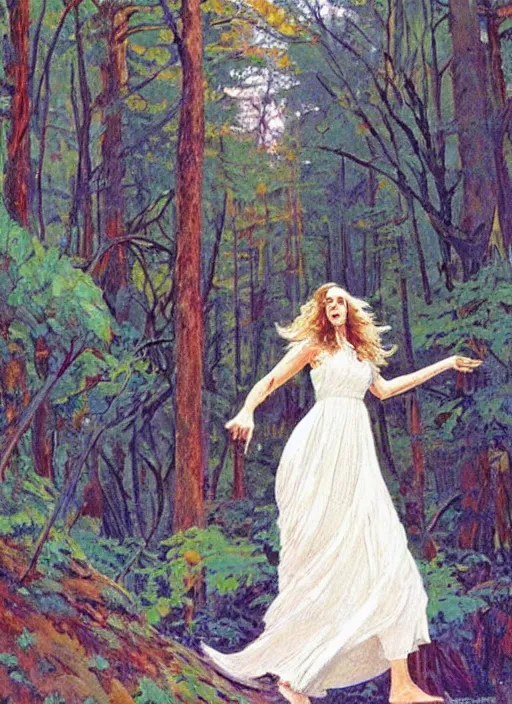 Prompt: a woman with long flowing hair and a flowing white dress in a forest by robert mccall