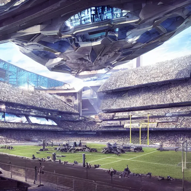 Prompt: a futuristic stadium with a giant artstation mecha, stadium has a full crowd, unreal engine, hyper realism, realistic shading, cinematic composition, realistic render, octane render, detailed textures, photorealistic, wide shot