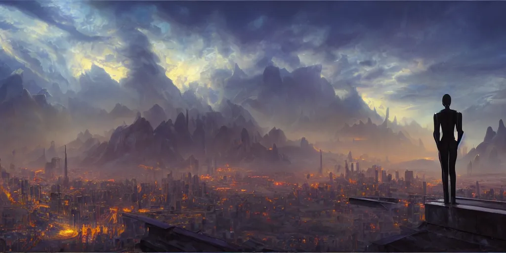 Image similar to fantasy oil painting, ultra futuristic, megalithic buildings, looming, billboards, advertisements, small buildings, warm lighting, street view, daytime, silhouetted figure standing overlooking the city, distant mountains, bright clouds, luminous sky, cinematic lighting, michael cheval, michael whelan, artstation, oil painting, vray, 8 k hd