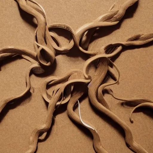 Image similar to tentacles made of brown corrugated cardboard, cut out of cardboard, realistic photography, fantasy