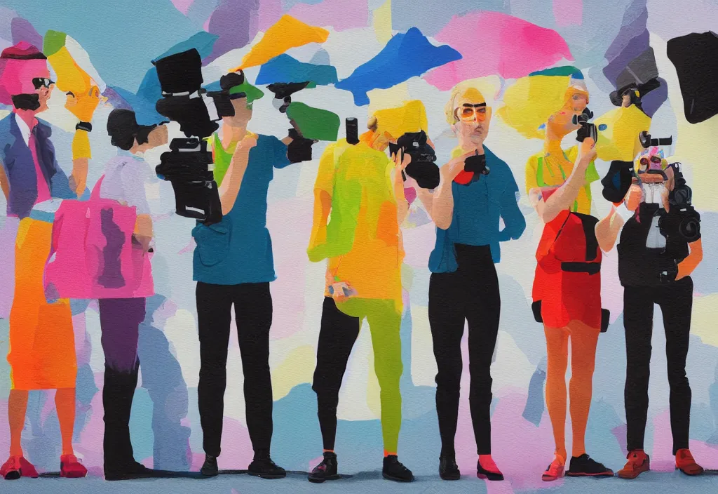 Image similar to full body portrait of a trio of european tourists with nikon cameras, rear views, character designs painting, in the style of wes anderson, rene magritte, lola dupre, david hockney, isolated on white background, dark monochrome neon spraypaint accents volumetric octane render