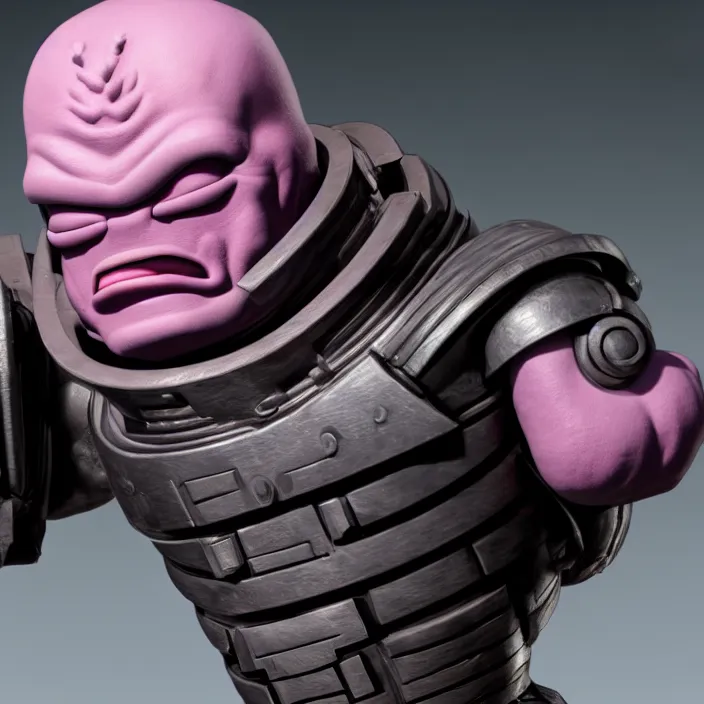 Prompt: photograph of a real-life beautiful Krang standing with black jar Extremely detailed. 8k
