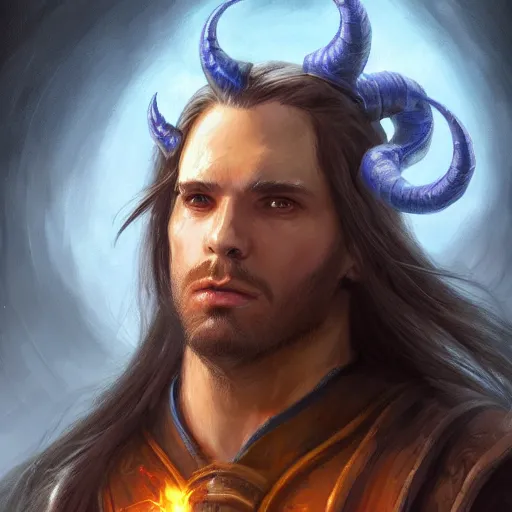 Image similar to male tiefling painter with long tied hair, full body portrait, lightning fantasy magic, medieval city background, D&D, highly detailed, digital painting, HD, ArtStation, great composition, concept art, matte, sharp focus, illustration, art by artgerm and Greg Rutkowski