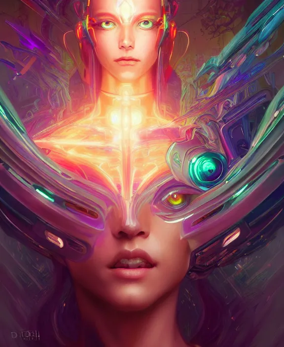 Image similar to a whirlwind of souls rushing inside the metaverse, half body, glowin eyes, tiara, pharaoh, android, cyborg, cyberpunk face, by loish, d & d, fantasy, intricate, elegant, highly detailed, colorful, vivid color, digital painting, artstation, concept art, art by artgerm and greg rutkowski and alphonse mucha