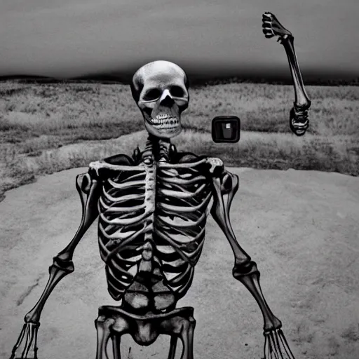 Prompt: realistic skeleton taking a selfie after the apocalypse
