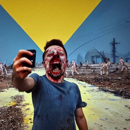 Prompt: selfie of a ukrainian screaming in pain and terrible injuries from a nuclear explosion, everything is on fire and radiation, in the background there are a lot of people like zombies, corpses and skeletons, a large nuclear explosion in the background, people are painted in yellow and blue, all dirty with severed limbs, doomsday