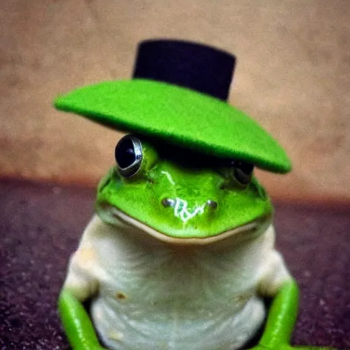 Prompt: A photo of a frog with a hat, he looks very sophisticated, he has a walking stick old photo