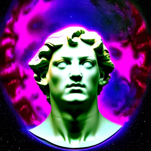 Image similar to 3 d sci - fi cgartist double exposure rendering of a hyper realistic marble greek statuary bust floating in space, at the vast pulsating interdimensional fractal space portal at the psychedelic vaporwave ombre event horizon by chris moore, by edward hopper, by col price, trending on artstation