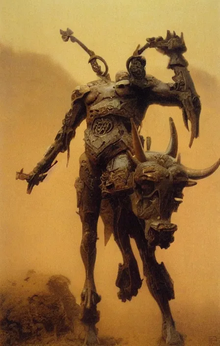 Prompt: minotaur in ancient armor, beksinski, ruan jia,