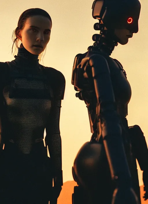 Image similar to cinestill 5 0 d photographic portrait of two loving female androids wearing rugged black mesh techwear on a desolate plain with a red sky, extreme closeup, modern cyberpunk, dust storm, 8 k, hd, high resolution, 3 5 mm, f / 3 2, ultra realistic faces, ex machina, blade runner