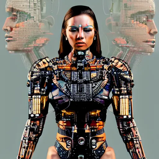 Image similar to full body portrait of the muscular Mayan Android Queen, by DC comics and Sandra Chevrier and beeple, artstation, volumetric lighting and fog, hyperrealism, hyper detailed futuristic royalty, award winning costume design, cybernetic bionic ancient cyborg, fashion show runway, futuristic fine textures, woven with electricity, high fashion superpowers, floating dust particles, bokeh, mystic haze, 4k UHD, HDR