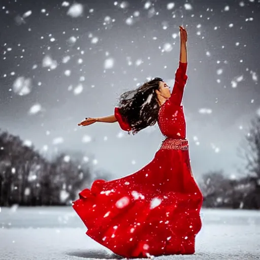 Prompt: beautiful woman dancing flamenco while snowing on snow