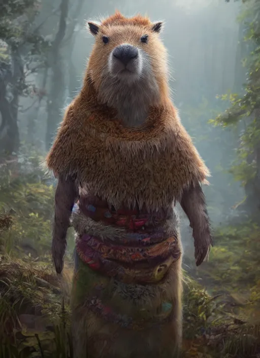 Image similar to detailed full body concept art illustration soft focus oil painting on canvas of an anthropomorphic capybara druid in full intricate clothing, biomutant, dystopian, micro detail, octane render, 4K