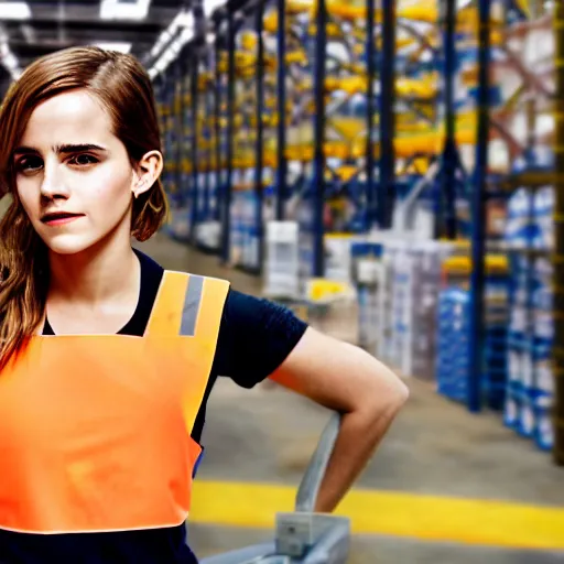 Prompt: photo, close up, emma watson in a hi vis vest, in warehouse, android cameraphone, candid photo 2 6 mm,