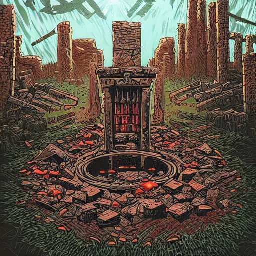 Prompt: a bloody sacrificial alter in ruins by Dan Mumford. Post apocalyptic