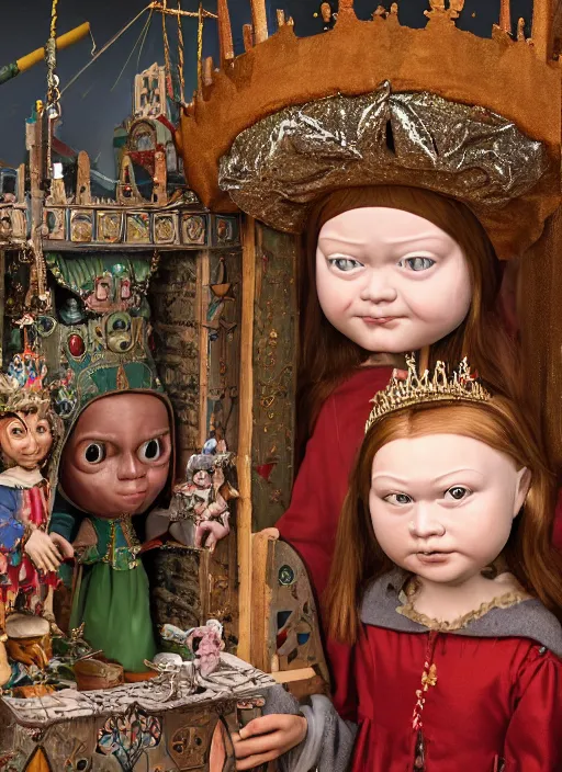 Image similar to closeup medieval jan van eyck face portrait of tin toy greta thunberg medieval goblin as a fairytale princess wearing a crown eating cakes in the castle, bikini, detailed and intricate environment, nicoletta ceccoli, mark ryden, lostfish, hyperrealistic, octane render