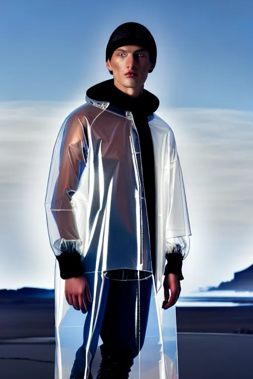 Image similar to an ultra high definition professional high fashion portrait studio full length photograph of a male model wearing a transparent pearlescent raincoat and neon visor in an icelandic black rock environment at dawn. no artefacts. extremely detailed. stark. refraction. shallow depth of field. volumetric light and shadow. ray tracing. light rays.