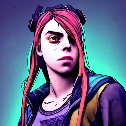 Image similar to billie eilish portrait, borderlands, tales from the borderlands, the wolf among us, comic, cinematic lighting, studio quality, 8 k