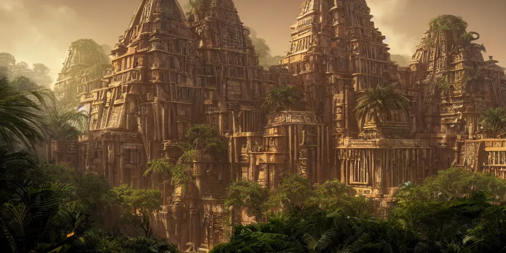 Image similar to aztec steampunk jungle temple, by tim blandin and arthur haas and bruce pennington and john schoenherr, big windows architecture by zaha hadid, octane render, warm colour scheme, white, cinematic, scenery, cgsociety, modernism, futuristic, trending on artstation, sci - fi, high detail, high quality, close up angle