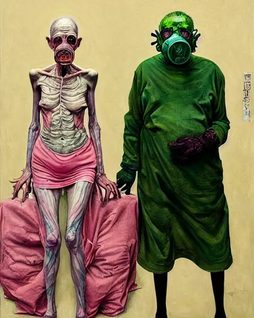 Image similar to two skinny old people with extra limbs, wearing gas masks and robes of gold, green and pink, cinematic, dystopian, eerie, horror, gothic, highly detailed painting by Jenny Saville, Esao Andrews, Francis Bacon, !!!Edward Hopper!!! surrealism, art by Takato Yamamoto and James Jean